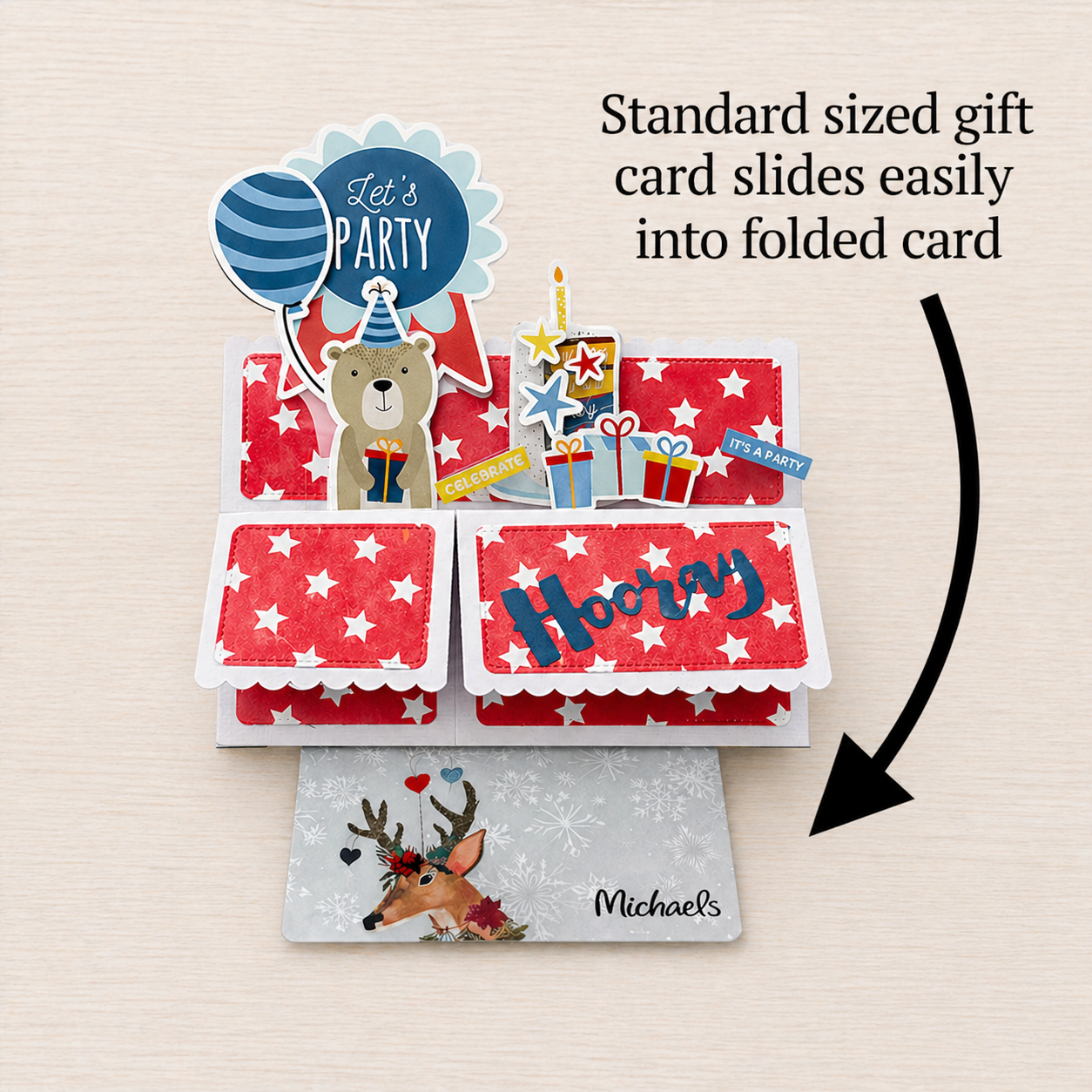 Folded card with gift card holder and 'Let's Party' design on a beige background