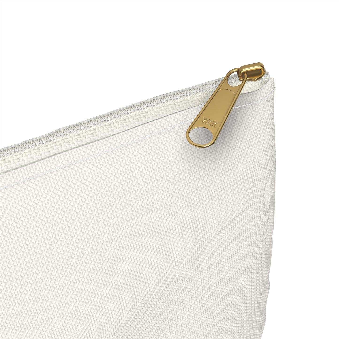 White pouch with a gold zipper on a white background
