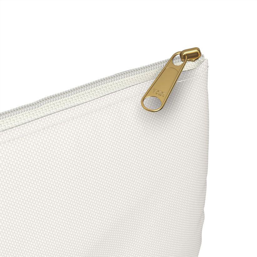 White pouch with a gold zipper on a white background