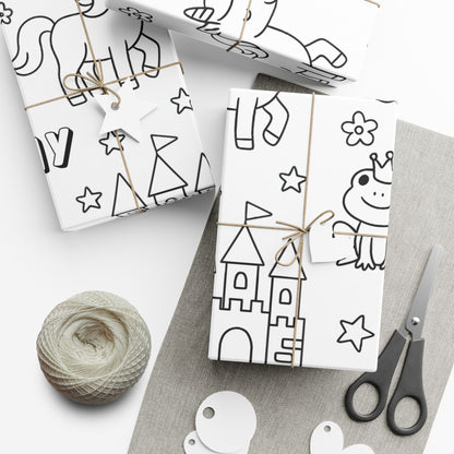 White gift wrap sheets with black princess themed line art for coloring in , tied with string, on a white surface with scissors and yarn.