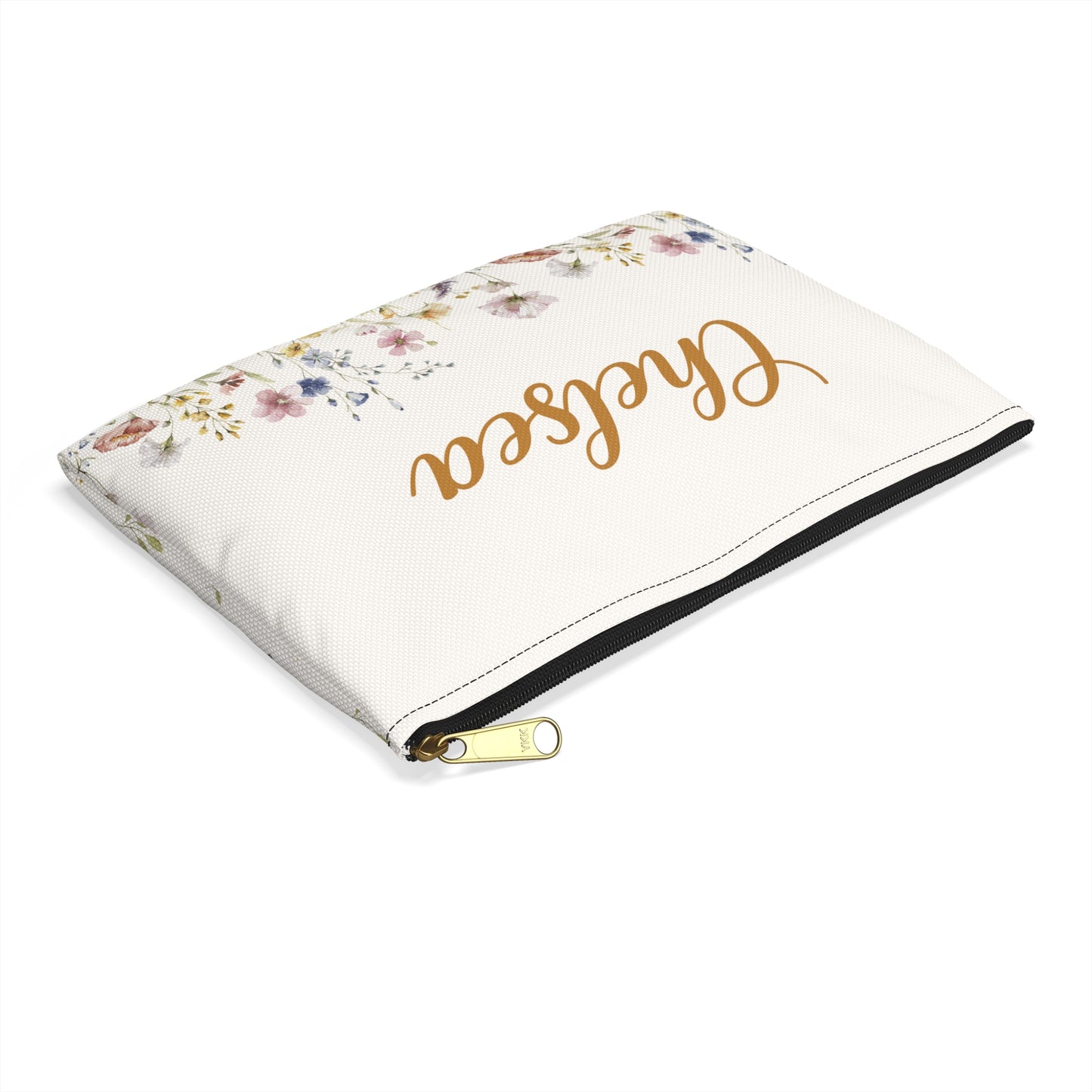 Floral pouch with 'Candice' printed on it against a white background
