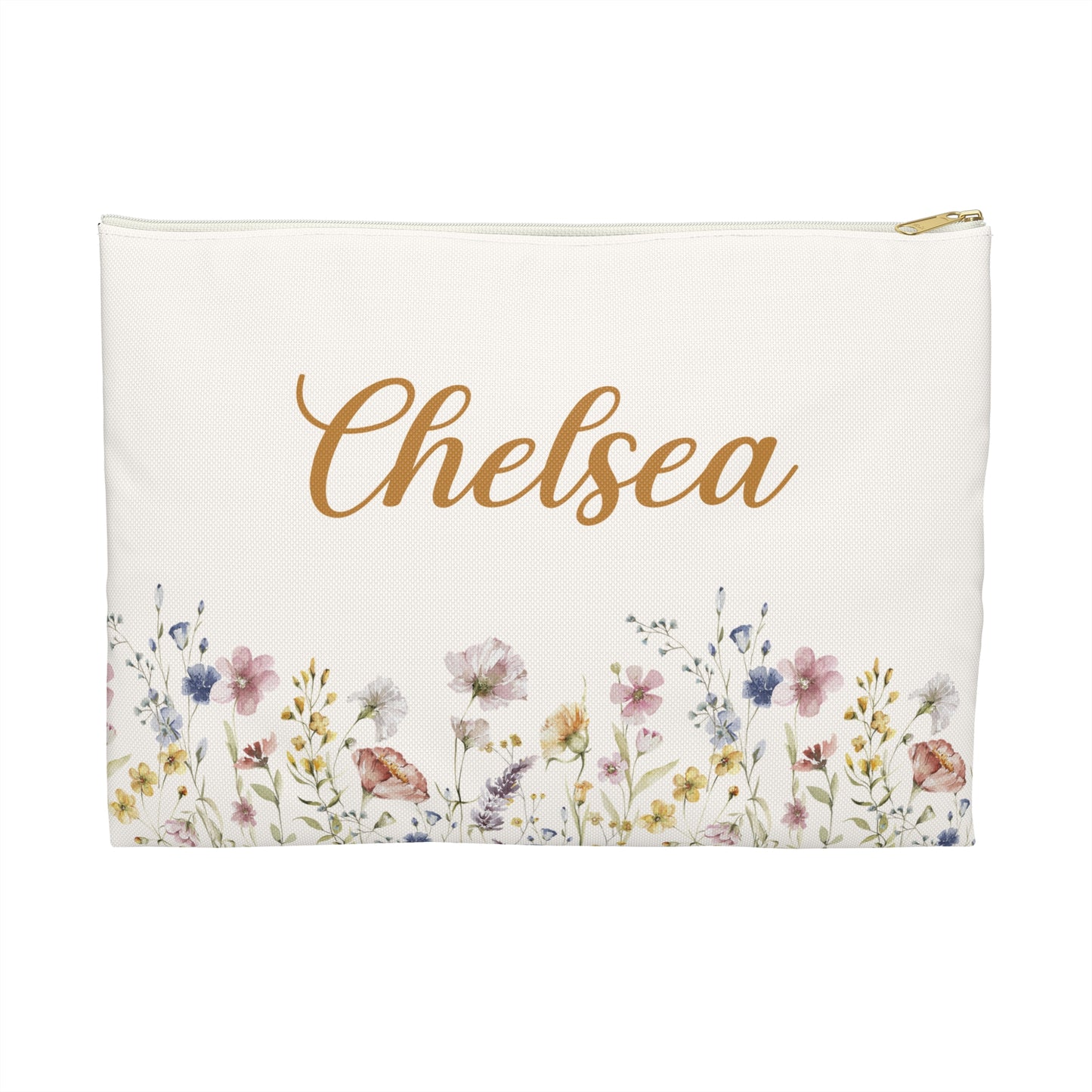 Floral pouch with 'Chelsea' printed on a white background