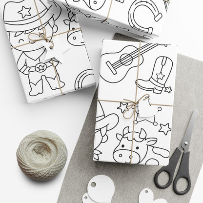 Boxes wrapped with coloring wrapping paper with a cowboy theme