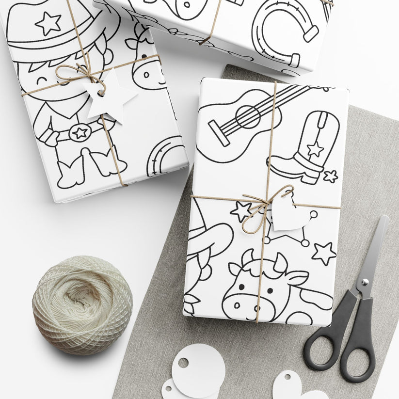 Boxes wrapped with coloring wrapping paper with a cowboy theme