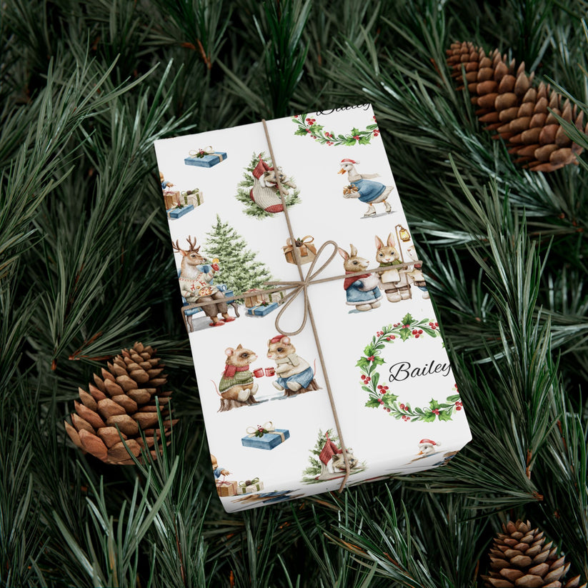 Christmas Victorian animal themed gift wrap personalized with Bailey, sitting on a bed of pine needles.