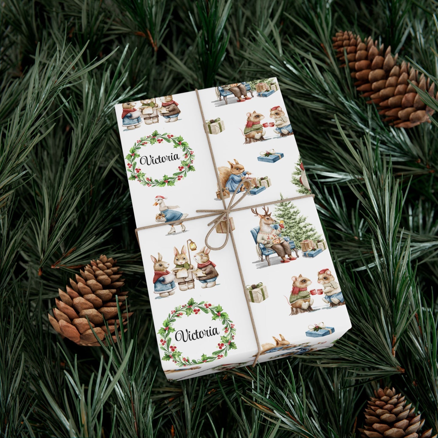 Christmas-themed gift wrap with illustrations of animals and wreaths on a green leafy background.
