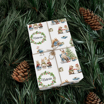 Christmas-themed gift wrap with illustrations of animals and wreaths on a green leafy background.
