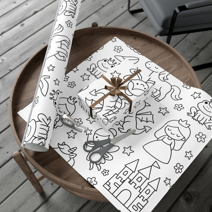 Wooden table with a roll of black and white princess themed coloring wrapping paper on top