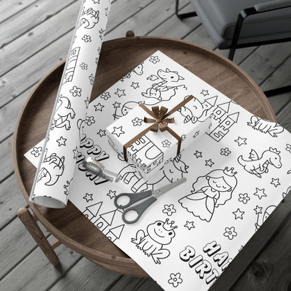 Princess themed coloring wrapping paper roll on a table with flat piece of wrapping paper and box wrapped.