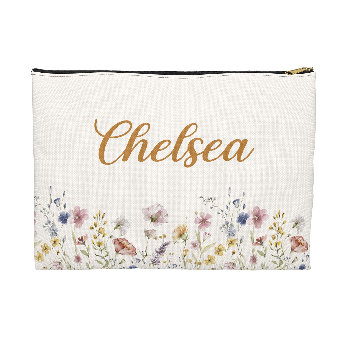 Floral pouch with 'Chelsea' printed on a white background
