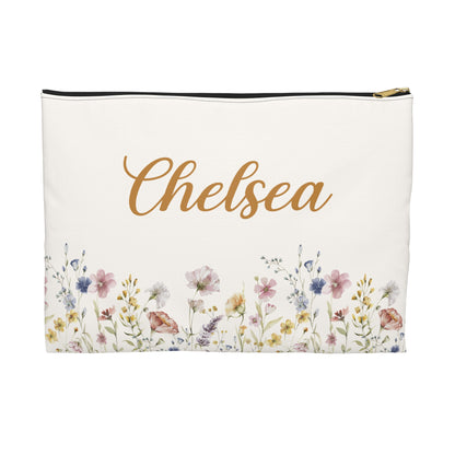 Floral pouch with 'Chelsea' printed on a white background