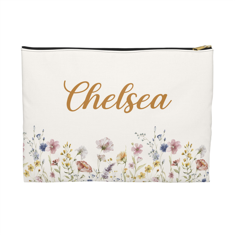 Floral pouch with 'Chelsea' printed on a white background
