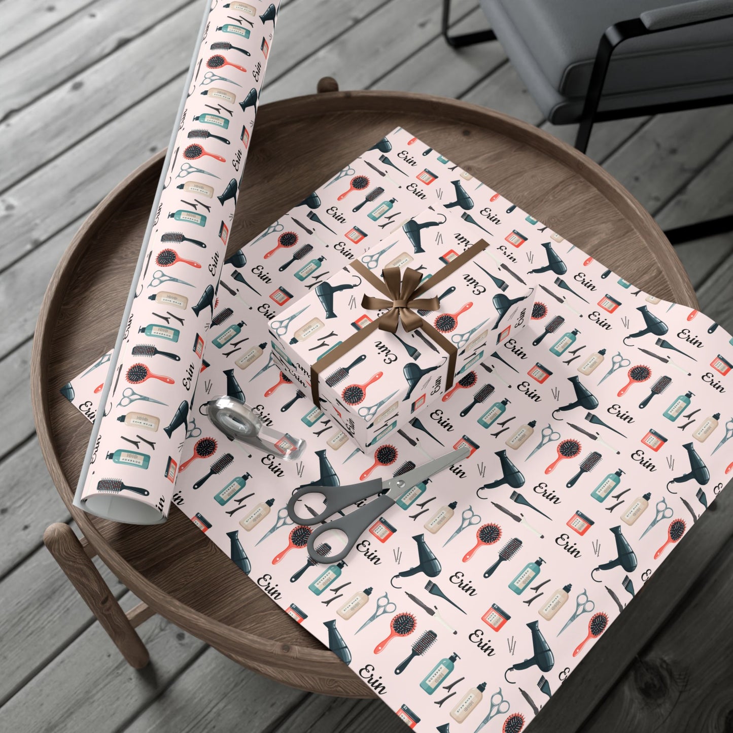 Gift box with a hair salon themed, personalized patterned paper on a wooden table