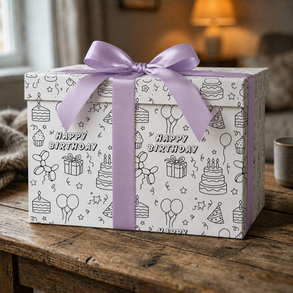 Black and white birthday-themed coloring wrapping paper featuring cakes, balloons, party hats, and stars, designed for kids gift wrap and party activity on a gift  box with purple ribbon on a wooden surface.