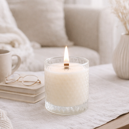 Candle burning on a table with a cozy living room background