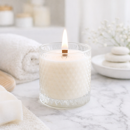 Candle in a glass holder on a marble surface with soft lighting