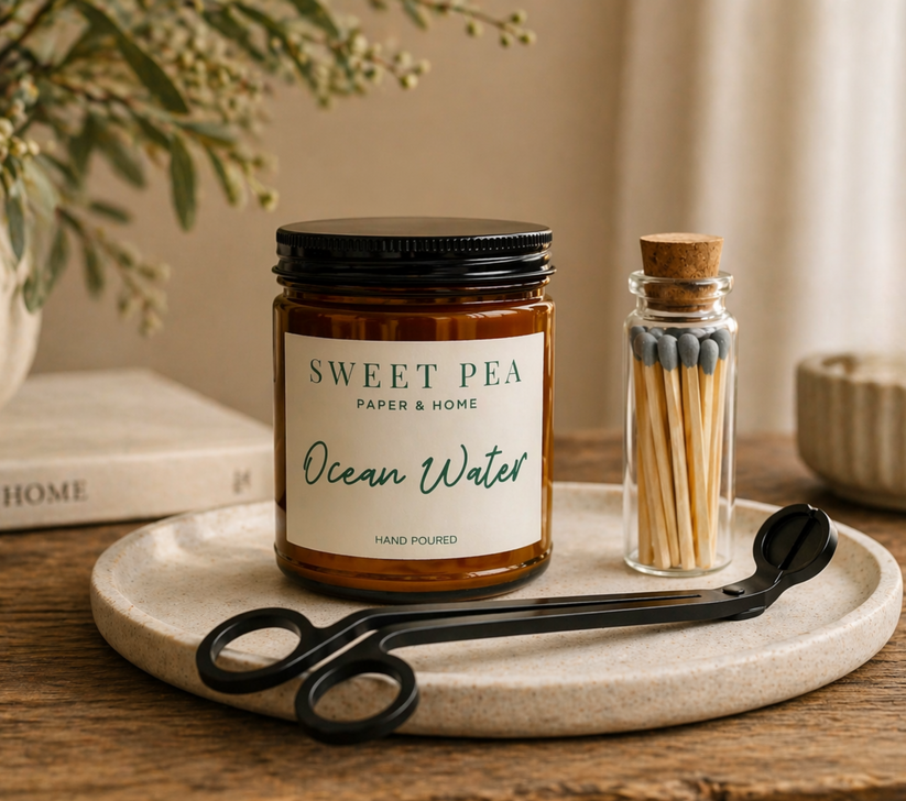 Candle labeled 'Sweet Pea Paper & Home Ocean Water' on a tray with matches and scissors, on a wooden surface.
