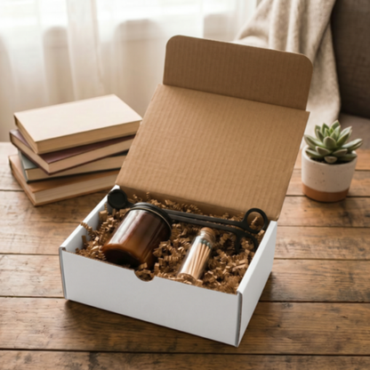 Image of jar candle, wick trimmer and glass jar of matches in a gift box sitting on a wooden table next to a pile of books and succulent plant.