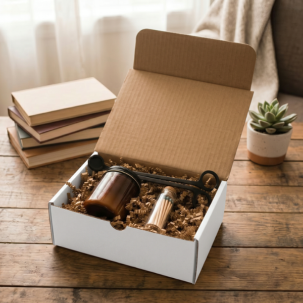 Image of jar candle, wick trimmer and glass jar of matches in a gift box sitting on a wooden table next to a pile of books and succulent plant.