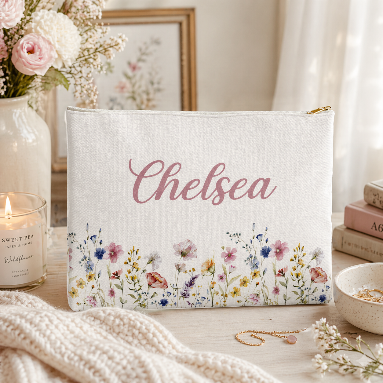 Off White pouch with floral design and 'Chelsea' text on a decorative table with candles and flowers.