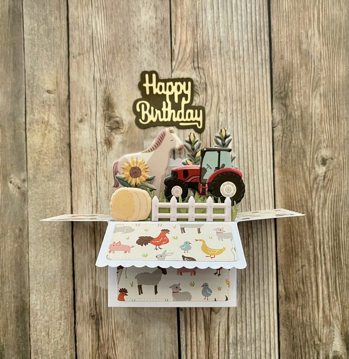 Box style pop-up card with farm and farm animal theme.