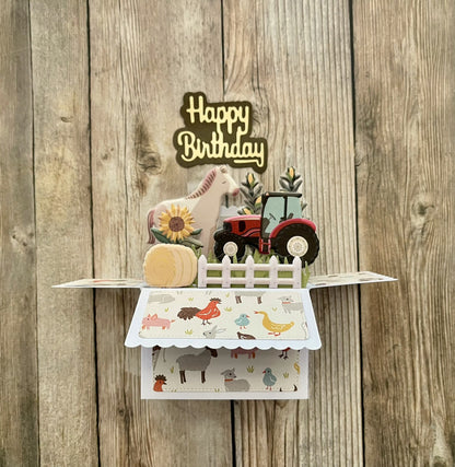 Box style pop-up card with farm and farm animal theme.