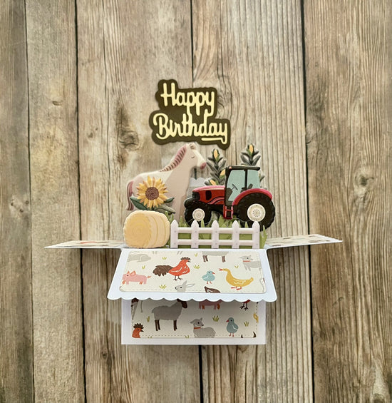 Box style pop-up card with farm and farm animal theme.