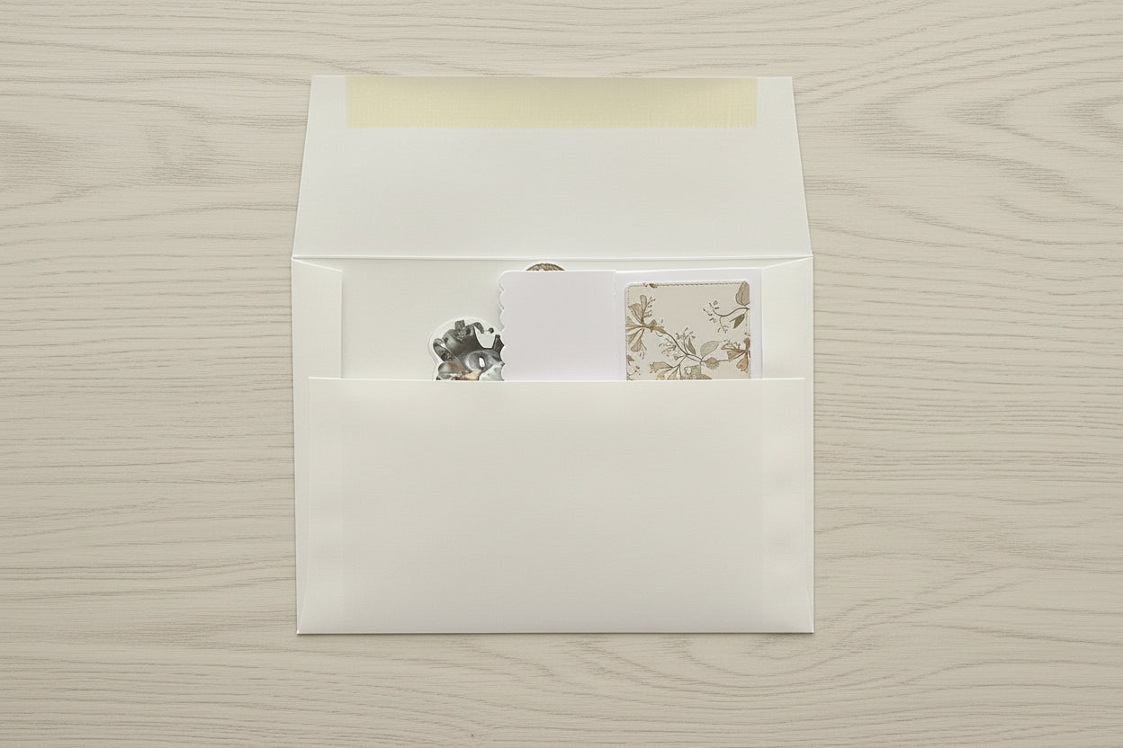 White envelope with a matching card on a textured beige surface