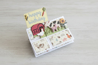 Folded pop-up birthday card with farm theme.