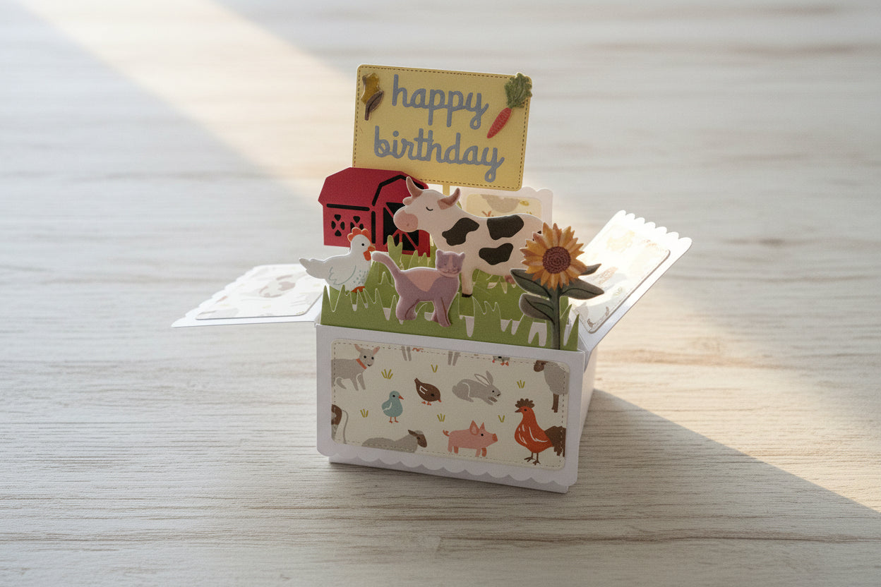 Pop-up birthday card with farm animals and 'happy birthday' sign on a dark surface