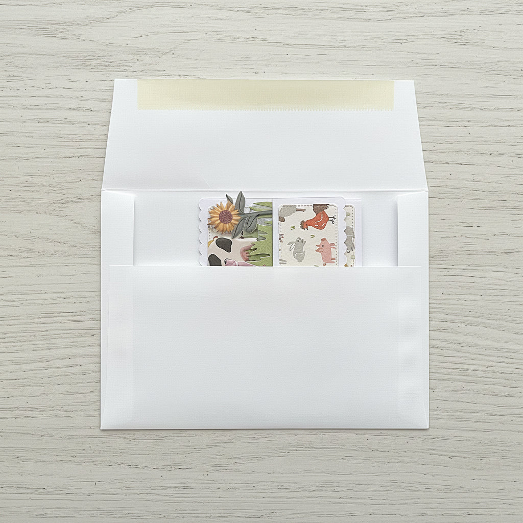 Folded flat pop-up card with a farm theme shown in an envelope on a wooden background