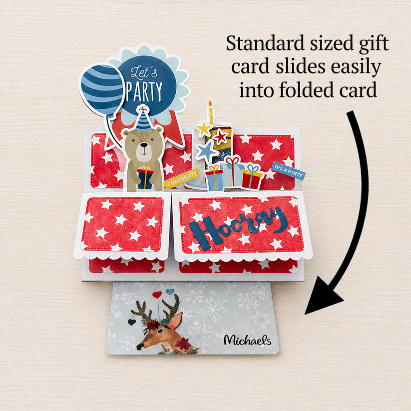 Folded card with gift card holder and 'Let's Party' design on a beige background