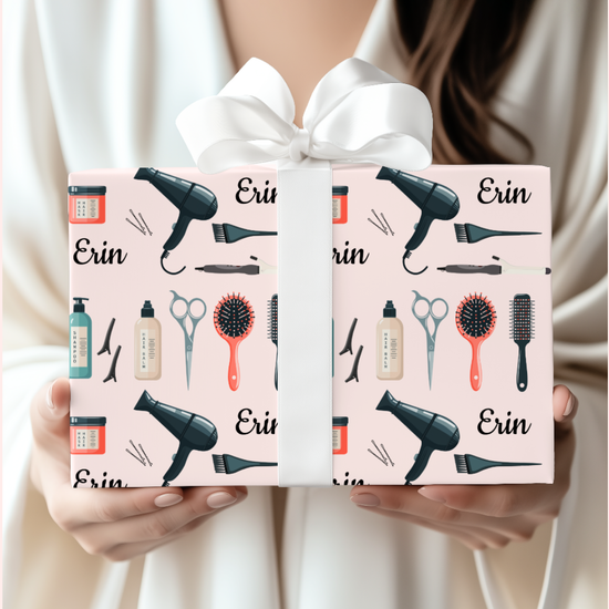 Two gift boxes with hair care product illustrations and the name 'Erin' on a pink background.