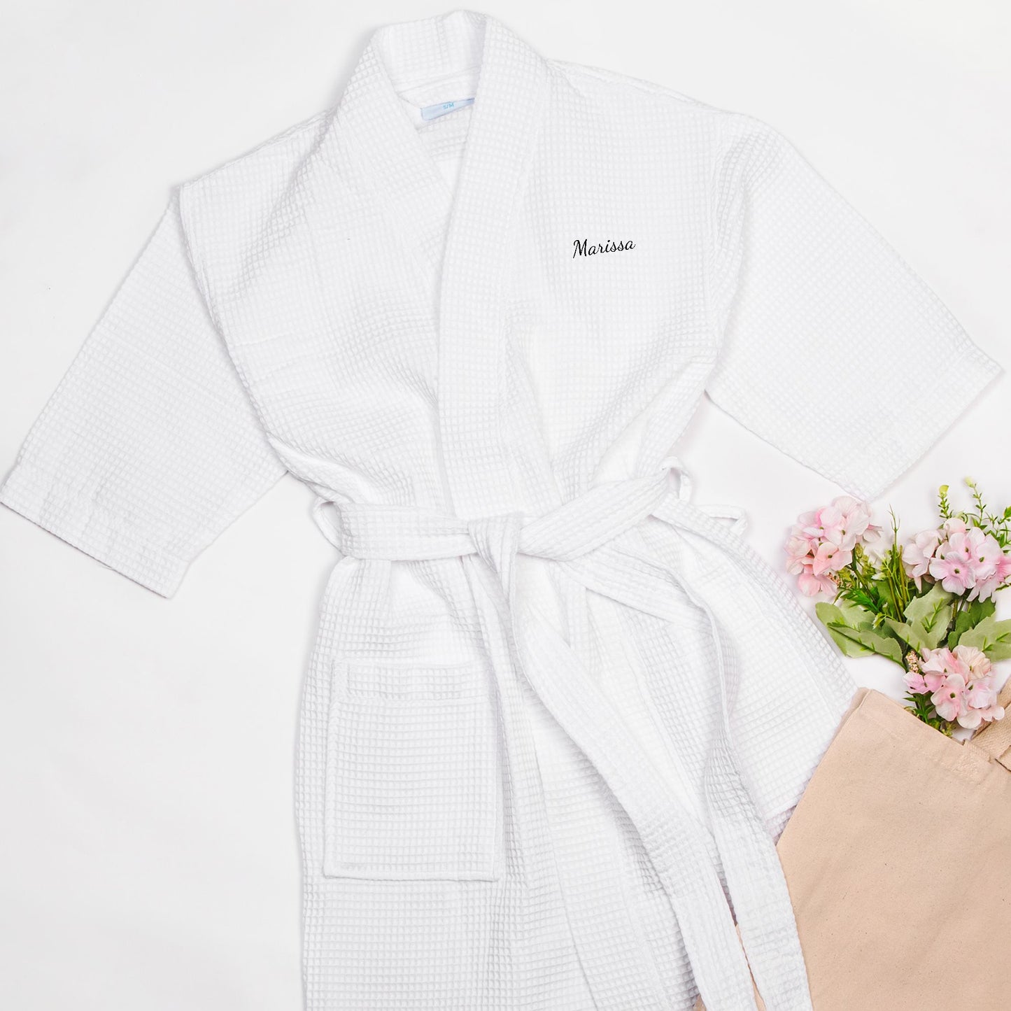 Personalized Waffle Weave Robe | White Embroidered Kimono Robe | Lightweight Cotton Spa Robe Gift