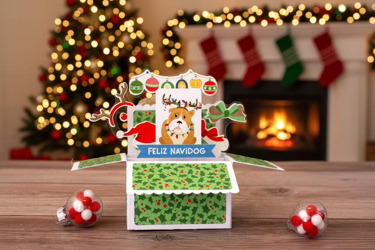 Christmas-themed card with a dog illustration and 'Feliz Navidog' text on a wooden background.
