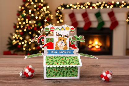 Christmas-themed card with a dog illustration and 'Feliz Navidog' text on a wooden background.