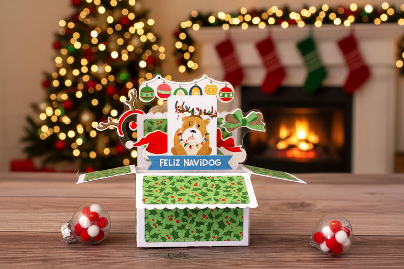 Christmas-themed card with a dog illustration and 'Feliz Navidog' text on a wooden background.
