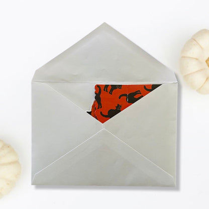 Open white envelope with orange card featuring black cat pattern on a white background