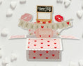 Valentine's Day card with heart patterns and a small standee on a white background