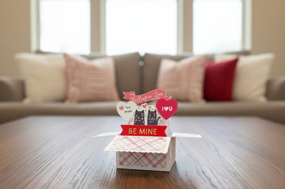 Valentine's Day card with two cats and decorative elements on a wooden floor.
