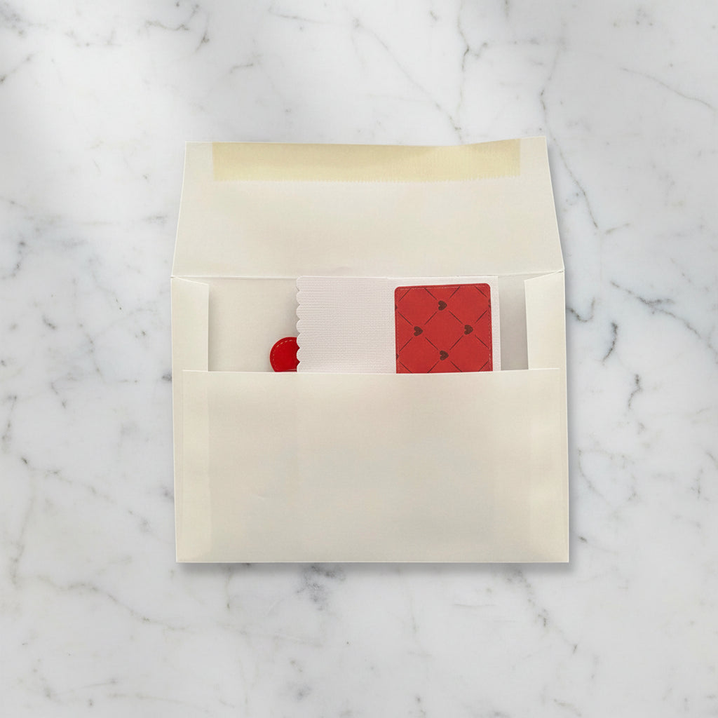 White envelope with red and black design on a white background with heart shapes