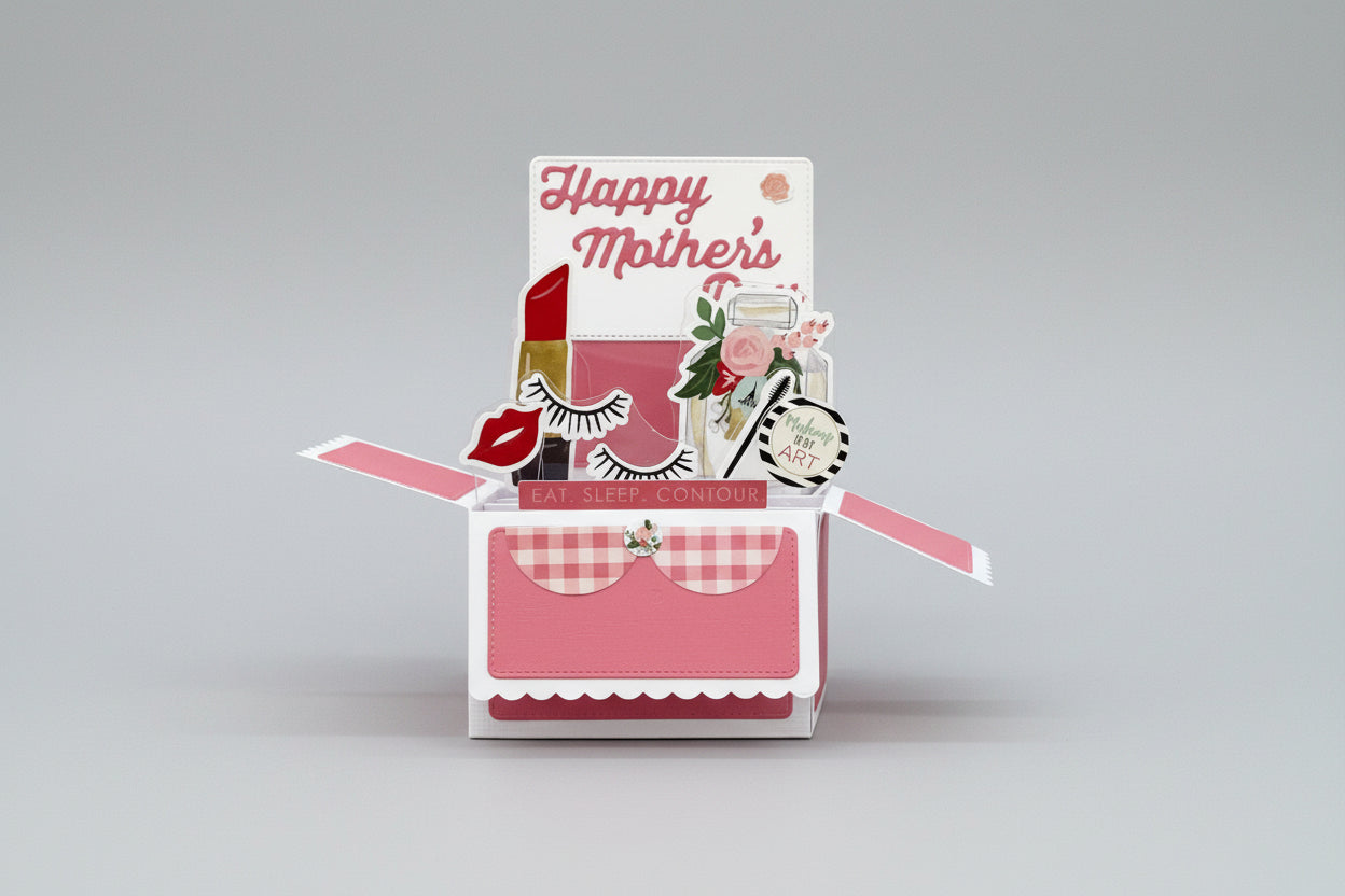 Pop-up card with 'Happy Mother's Day' text and cosmetic-themed elements on a beige background
