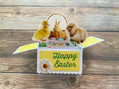 Easter-themed box style pop-up card with a duck, rabbit, and basket on a wooden background