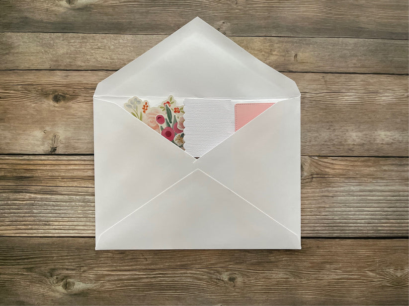 Open white envelope with floral card on a wooden surface