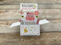 Decorative baby girl pop-up card with owl design on a wooden surface