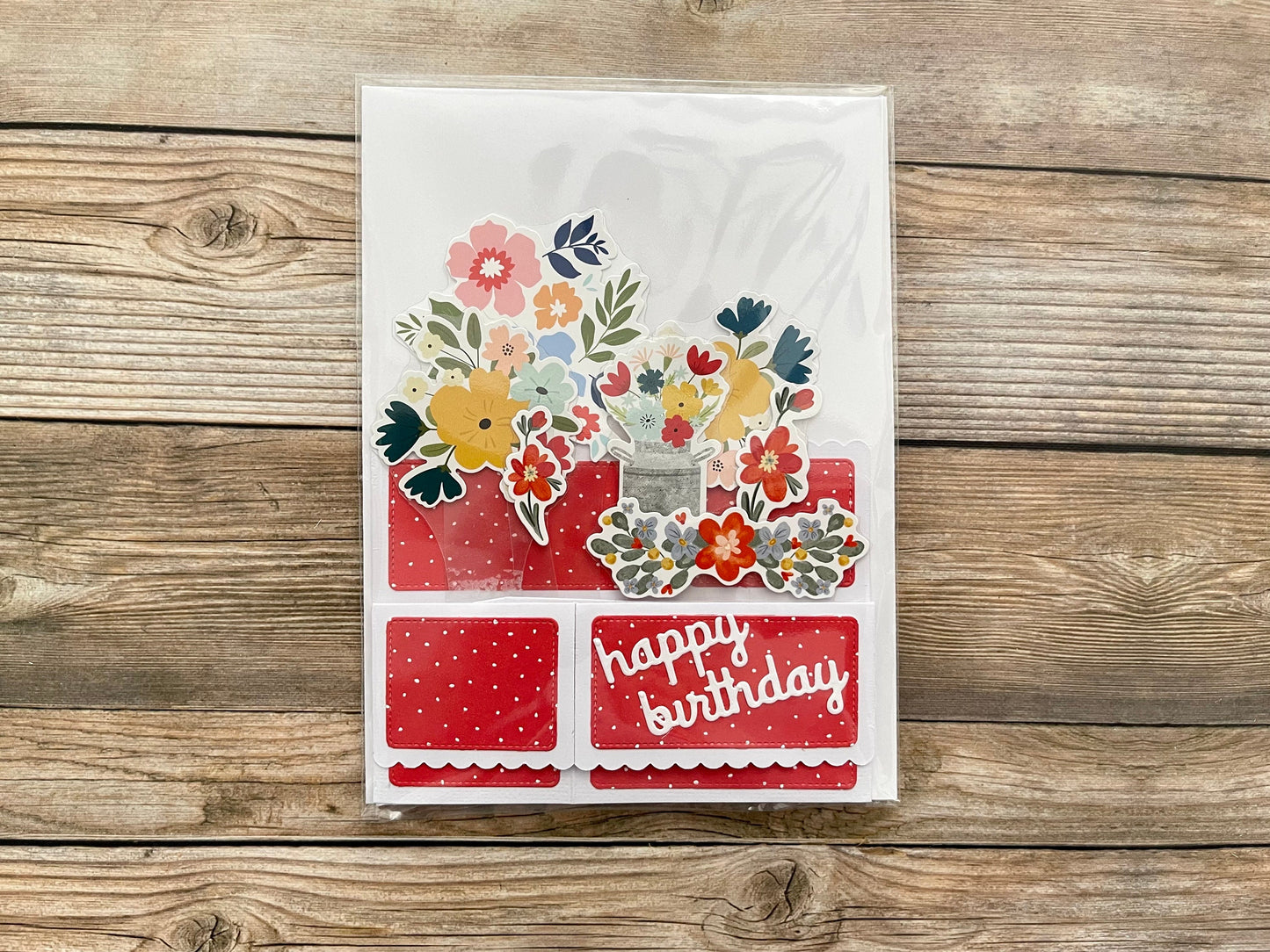 Decorative birthday card with floral designs and 'happy birthday' text on a wooden surface