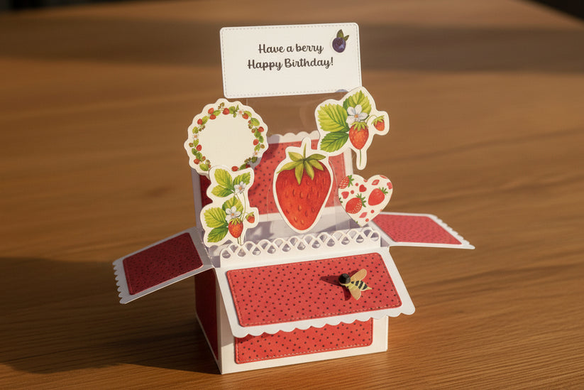 Open card with strawberry design and 'Have a berry Happy Birthday!' message on a light green background
