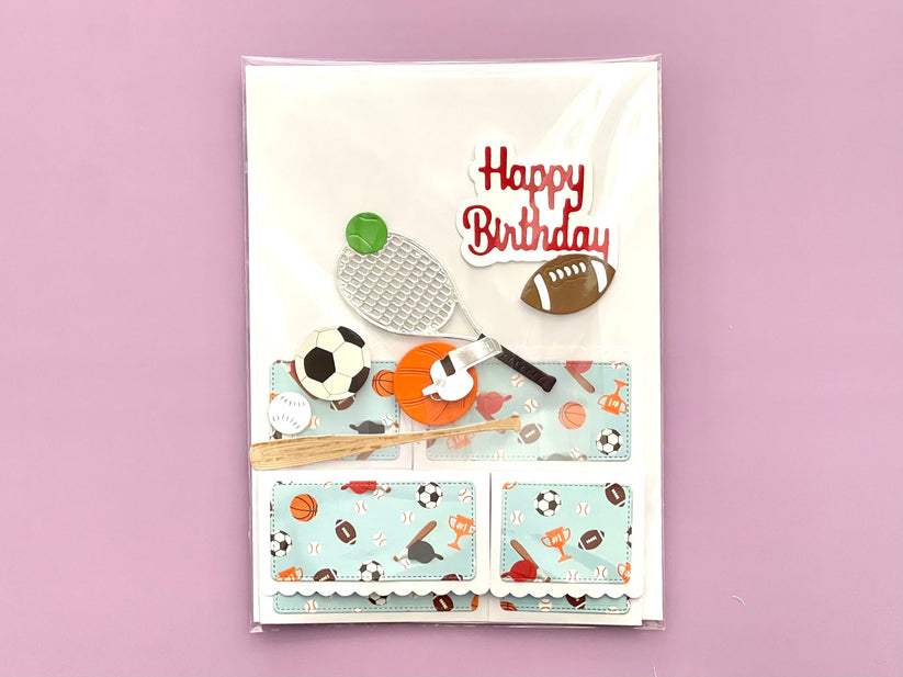 Birthday card with sports-themed illustrations on a pink background