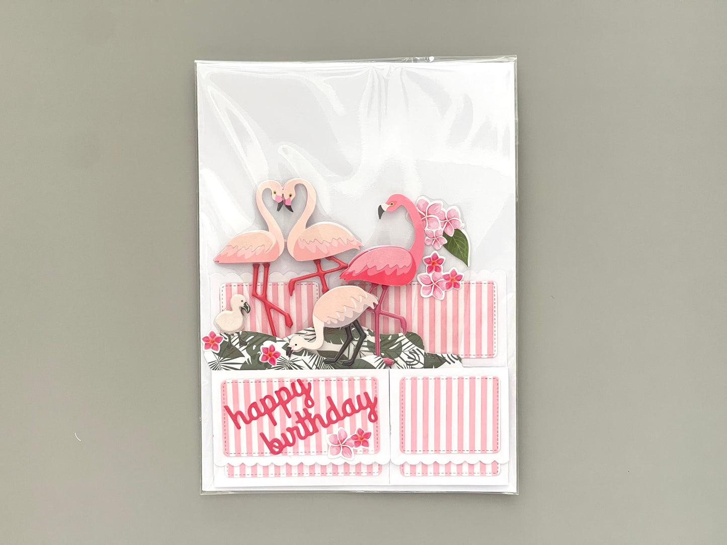 Greeting card with pink flamingo design and 'happy birthday' text on a gray background