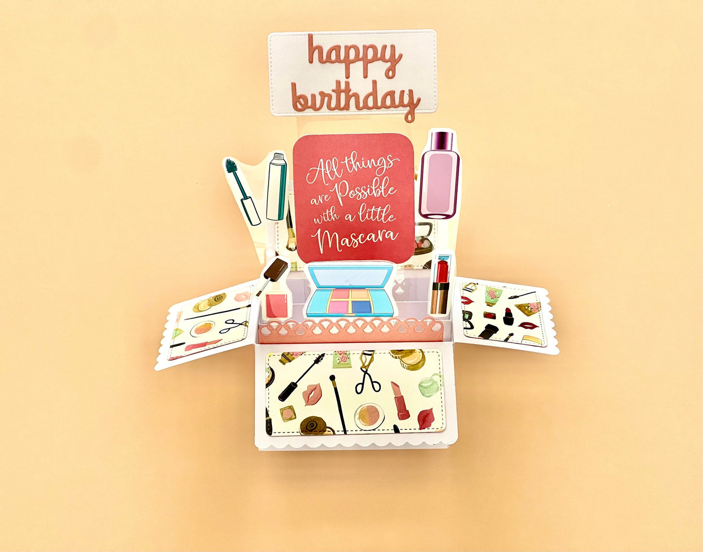 Box style pop-up card with makeup and cosmetics theme.